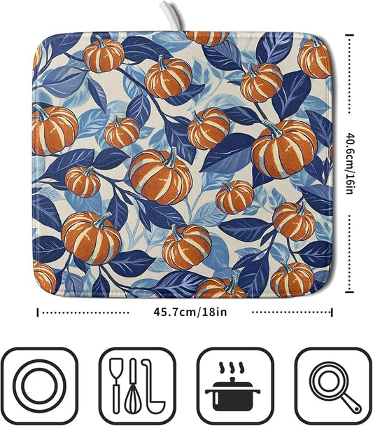 Blue Burnt Orange Fall Pumpkin Dish Drying Mat - Image 2