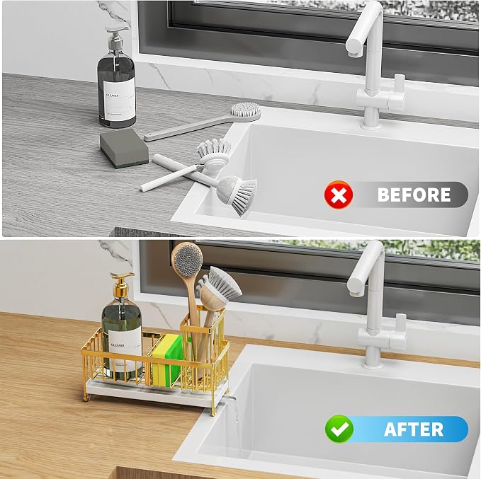 Cisily Gold Sponge Holder for Kitchen Sink, Sink Caddy Organizer - Image 6