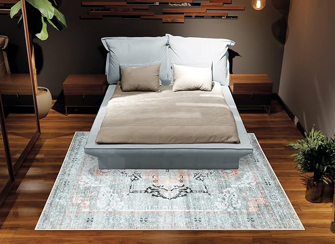 Bloom Rugs Washable Non-Slip 5' x 7' Rug - Gray/Coral Pink Traditional Area Rug for Living Room, Bedroom, Dining Room, and Kitchen - Exact Size: 5' x 7'