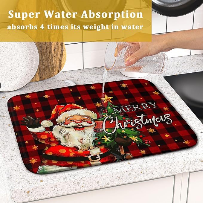 Merry Christmas Santa Claus Red Buffalo Plaid Dish Drying Mat - Image 7