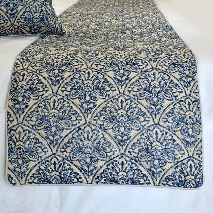 The HomeCentric King/Queen/Twin Blue Designer Twin 53"x18" Bed Runner with 2 Pillow Cover, Embroidery, Quilted Bed Scarf on Cotton Fabric - Farzeen Blue