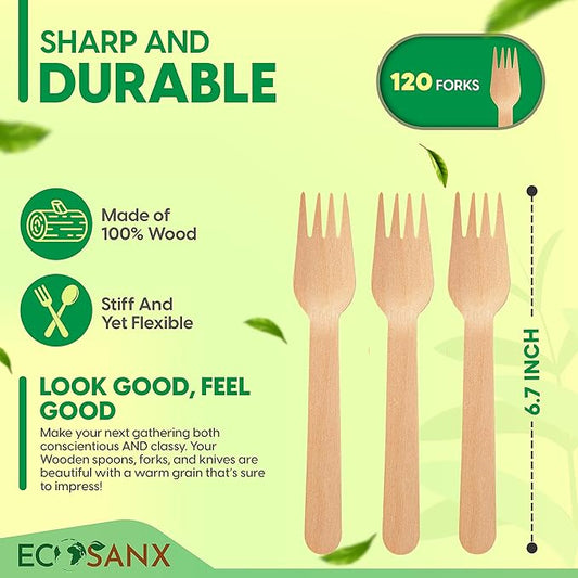ECOSANX® 120 PCs Wooden forks for eating 6.5" Splinter Free Compostable Forks - Image 2