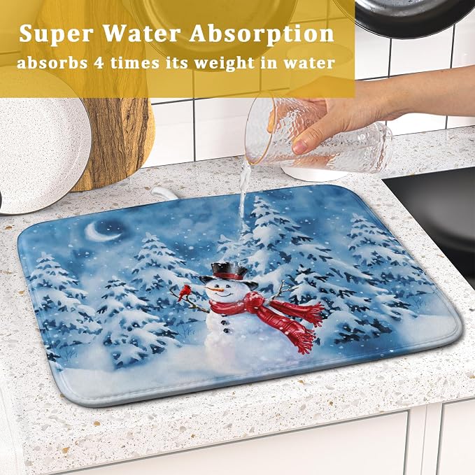 Blue Snowman Dish Drying Mat Winter Pine Tree Drainer Rack Mats 16x18 Inch - Image 7