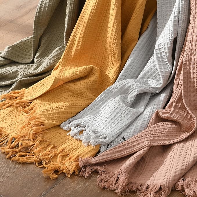 100% Cotton Waffle Blanket with Fringe, Pre-Washed Waffle Weave Blanket for All Season, Lightweight Breathable Soft Cozy Throw Blanket for Couch, Bed, Travel (Mustand Yellow - 50x60 Inches)