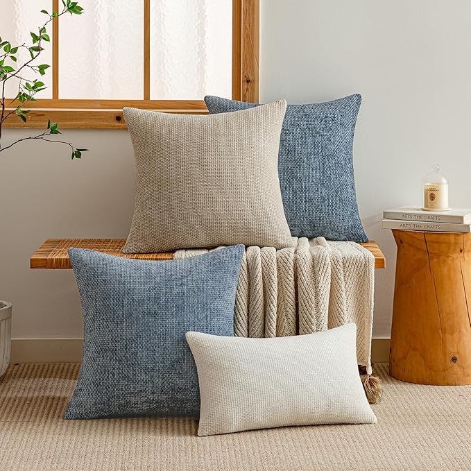 a moment Blue Chenille Throw Pillow Covers 22x22 Inch Pack of 2 Modern Decorative Throw Pillow Covers Farmhouse Cross Covers Home Decor for Sofa Bedroom Living Room