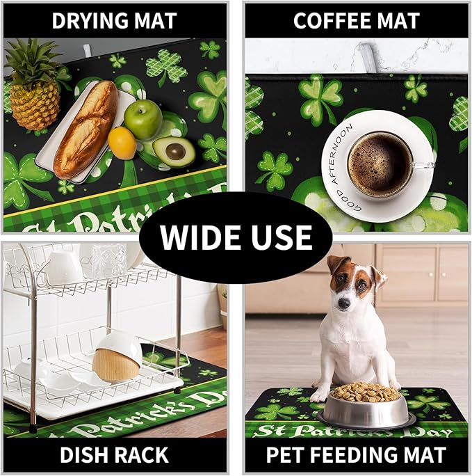 Happy St. Patrick's Day Kitchen Drying Mat Green Plaid Lucky Shamrock Clover - Image 7