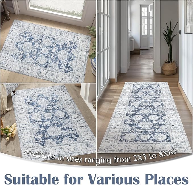jinchan Fiora Washable Area Rug 3x5 Entryway Rug Distressed Vintage Floral Ultra-Thin Low-Pile Soft Non-Shedding Indoor Floor Carpet for Kitchen Bedroom Entrance Laundry Living Room(3x5ft, Dark Blue)