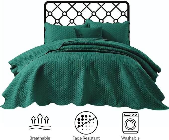 IR Imperial Rooms Queen Quilt Bedding Set Size (90" x 96") + 2 Pillow Shams (20" x 26"+ 2") - 3 Pcs All Season Lightweight Reversible Microfiber Coverlet Embossed Quilt Bedspread (Emerald)
