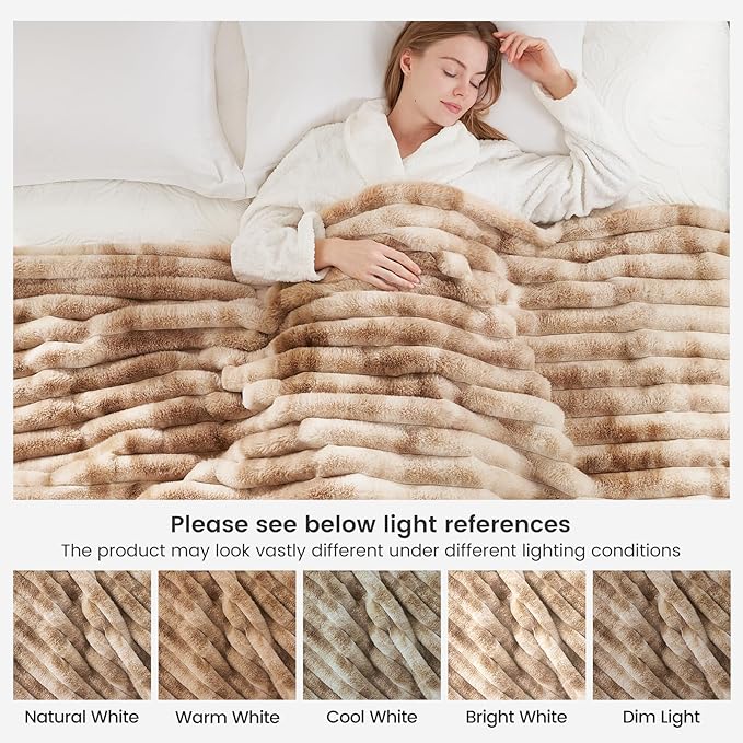 Cozy Bliss Faux Fur Throw Blanket for Couch, Cozy Warm Plush Striped Blanket for Sofa Bedroom Living Room, 60 * 80 Inches Tie-dye Khaki