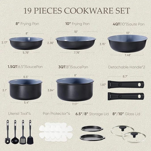 CAROTE 19PCS Ceramic Cookware Sets, Pots and Pans Set Non Stick Non Toxic - Image 2