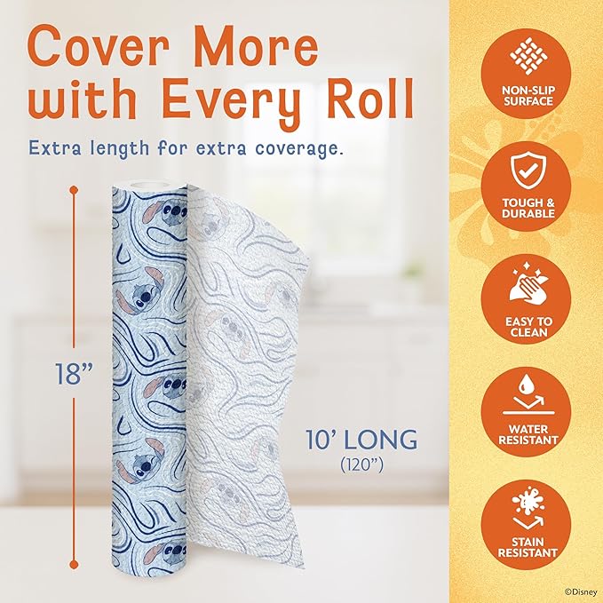Disney Non Adhesive Shelf Liner – 18”x 10 ft Water-Resistant Drawer Liners for Kitchen Cabinets, Pantry, Fridge & Dressers – Easy Cut Cabinet Liner Roll- Mickey Mouse, Stitch & Winnie The Pooh