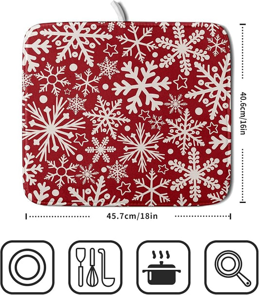 Christmas Dish Drying Mat for Kitchen Counter 16x18 Dark Red Snowflake Winter - Image 2