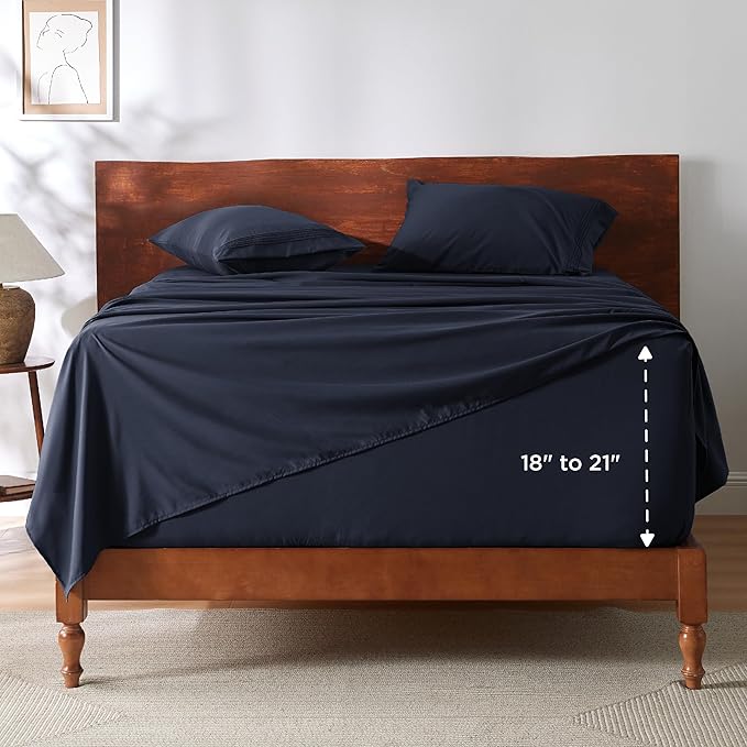 Bedsure Deep Pocket King Sheet Set - Fits Mattresses Up to 21 Inches Thick - 4 Piece GentleSoft Bed Sheets, Moisture Wicking, Soft & Cooling Bedsheet & Pillowcases, Easy & Secure Fit, Navy