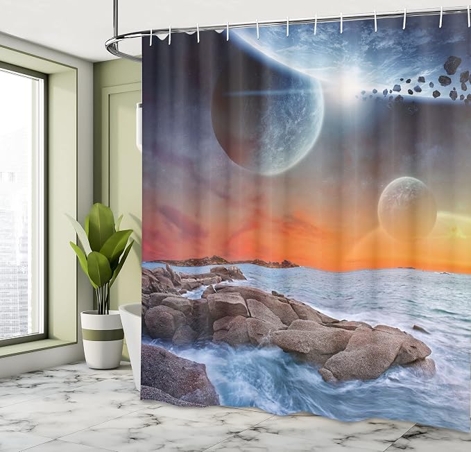 Ambesonne Galaxy Shower Curtain, Planet Landscape View from a Rocky Beach Ocean - Image 4