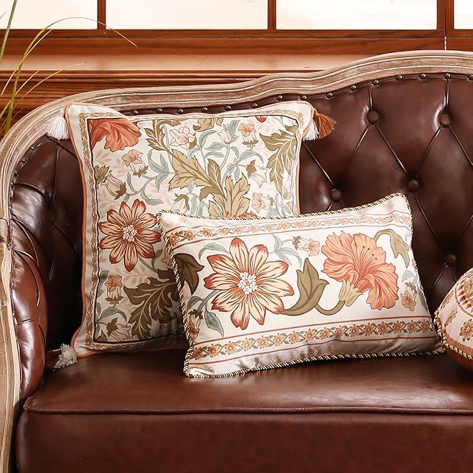 Throw Pillow Covers Pack of 2,Orange Floral Farmhouse with Wild Flowers Pattern Cozy Velvet Pillowcases,Decoration Round Pillows Cushion Covers for Couch Sofa Bed Car Chair,Diameter 16"