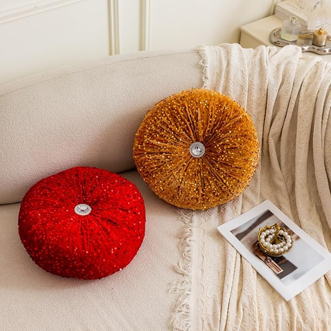 Round Throw Pillow, 13.7" Soft Glitter Sequin Pleated Pumpkin Decorative Round Pillow Circle Floor Pillow Cushions for Sofa Bed Chair Living Room Floor Home Decoration, Yellow
