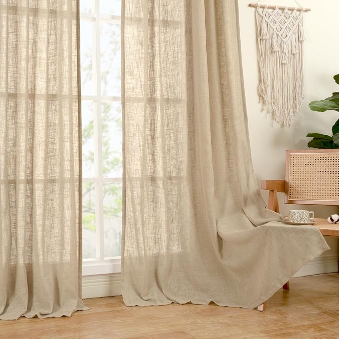 LAMIT Faux Linen Curtains 63 inches Long for Bedroom, Back Tab and Rod Pocket Linen Drapes Light Filtering Semi Sheer Curtains for Small Window/Farmhouse, 2 Panels (52 x 63 Inch, Brown)