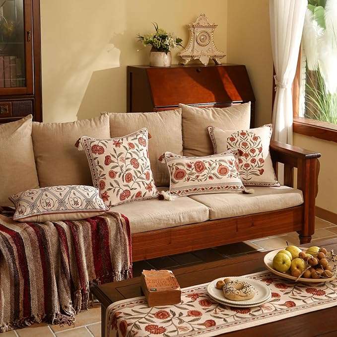 ISAENNE Design Linen Square Vintage Throw Pillow Covers 18"x18", Brick Red Cushion Covers with Orange Floral Green Leaves Pattern Decoration Pillowcases for Bed,Living Room,Outdoor,Car