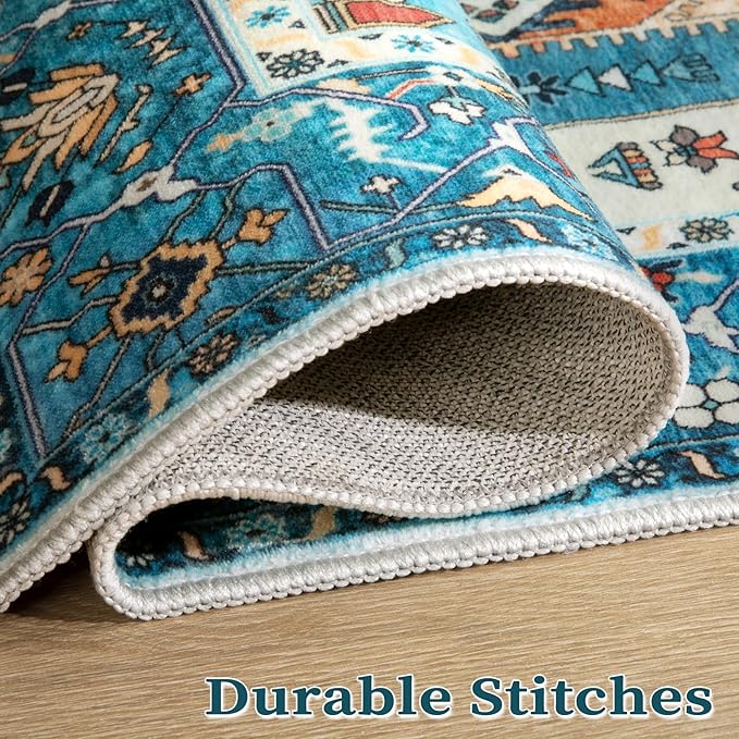 SERISSA 6x9 Area Rugs for Living Room, Large Washable Non-Slip Boho Rug, Ultra Soft Vintage Blue Oriental Tribal Print Distressed Carpet for Dining Room Bedroom Dorm Office Home Decor