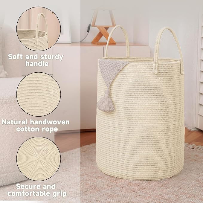 Large Woven Laundry Basket Hamper, 60L Cotton Rope Storage Bin - Image 6