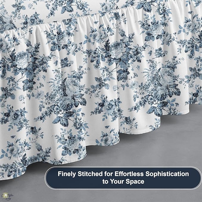 Cottington Lane Ruffled Bed Skirt King Size with Split Corner, Brushed Microfiber Hotel Quality Dust Ruffle, 24 Inch Drop Gathered Bedskirt, Soft, Stylish, Shrink & Fade Resistant, Blue Floral Bliss