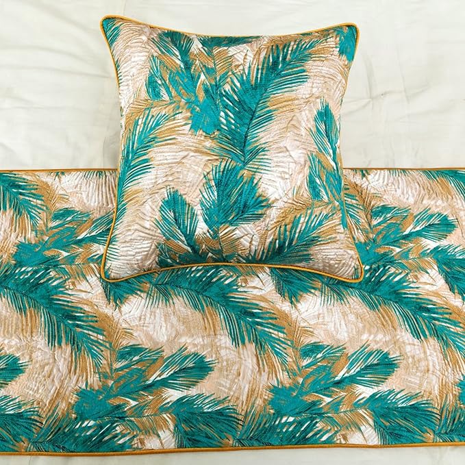 The HomeCentric King/Queen/Twin Green Decorative CA King 86"x18" Bed Runner with 2 Pillow Cover, Plam Leaves & Quilted Bed Scarf on Satin Fabric - Palms