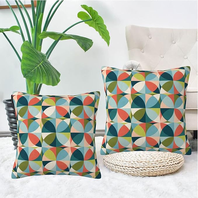 bassyil Geometric Mid Century Modern Colors Throw Pillow Covers Decorative Linen Pillow Cases Set of 2 Square Cushion Cover for Couch Sofa Bedroom Patio 18x18 Inch