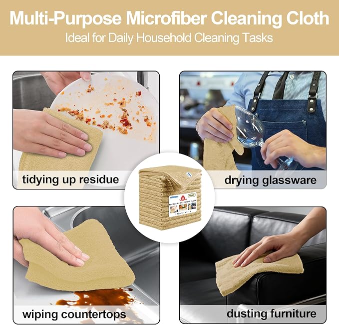HOMERHYME Microfiber Cleaning Cloth, 12 Pack Biege Cleaning Rags, Reusable - Image 8