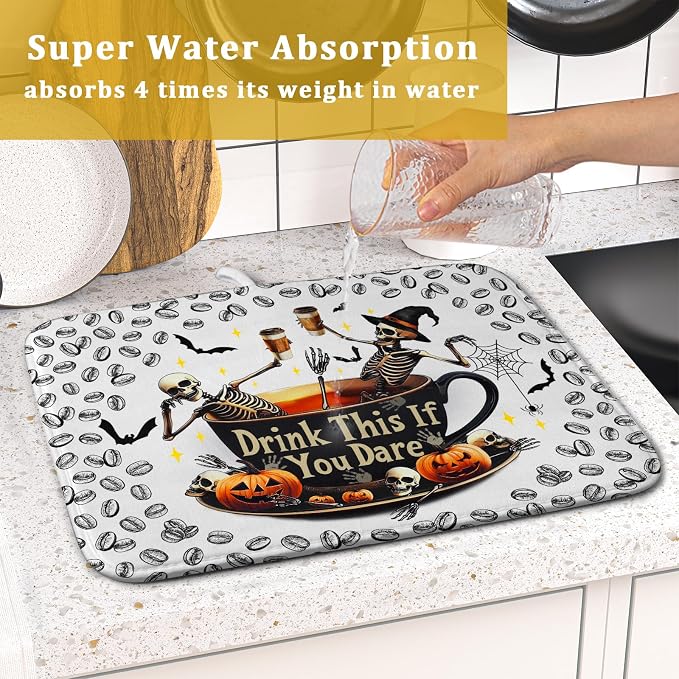 Funny Skull Coffee Matt for Counter Skeleton Dish Drying Mat Halloween - Image 7