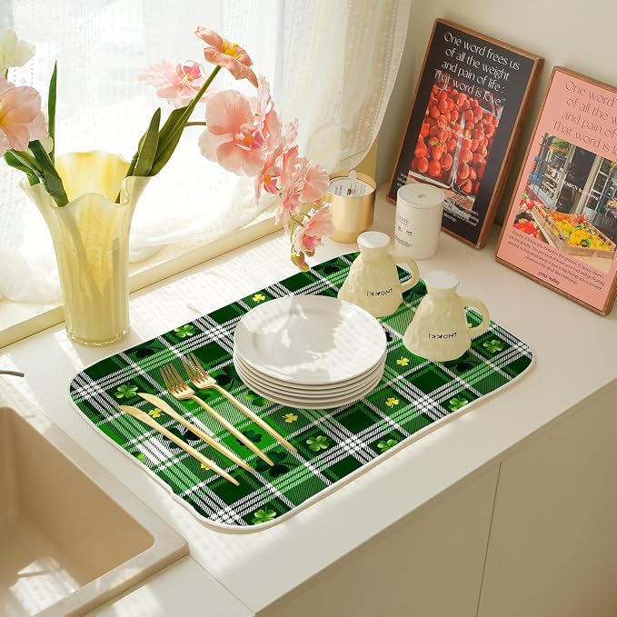 St Patricks Day Dish Drying Mat 18x24 Inch Green Lucky Shamrock Buffalo Plaid - Image 7
