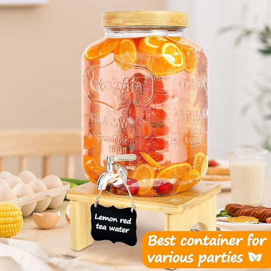 2 Gallon Drink Dispenser with Stand,Glass Beverage Dispenser With Wood Stand - Image 2