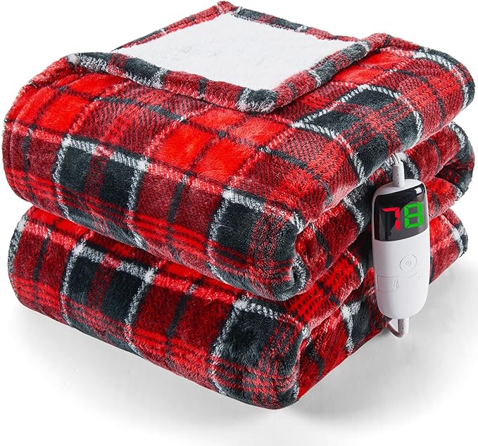 Heated Electric Blanket Full Size,72X84 Heating Blanket,Red Plaid Soft Sherpa Blankets Warmer Gift for Grandma Women Adult,Fast Heating Washable
