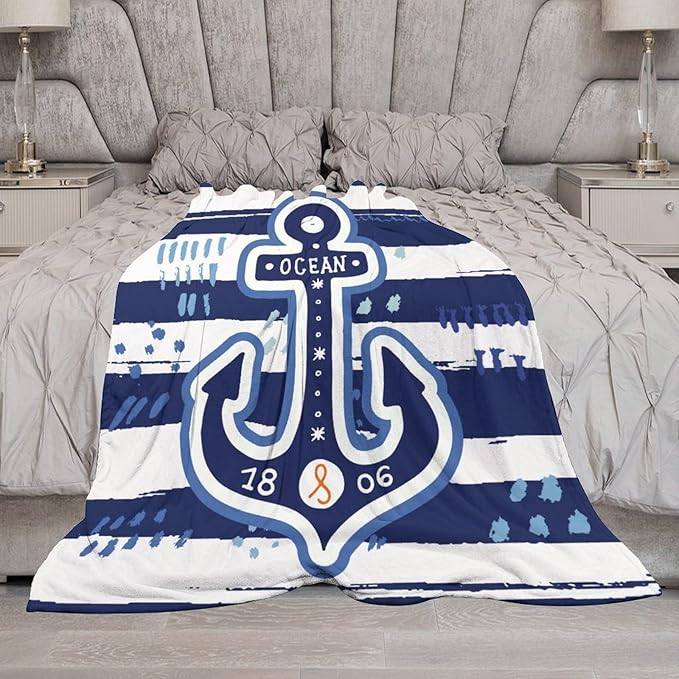 Nautical Anchor Blanket Modern Cartoon Anchor Ocean Adventure Blue White Soft Cozy Lightweight Throw Blanket for Kids Boys Men Bedroom Living Room Dorm Chair Sofa Travel 50x60in