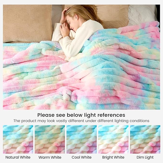 Cozy Bliss Faux Fur Throw Blanket for Couch, Cozy Warm Plush Striped Blanket for Sofa Bedroom Living Room, 50 * 60 Inches Tie-dye Rainbow