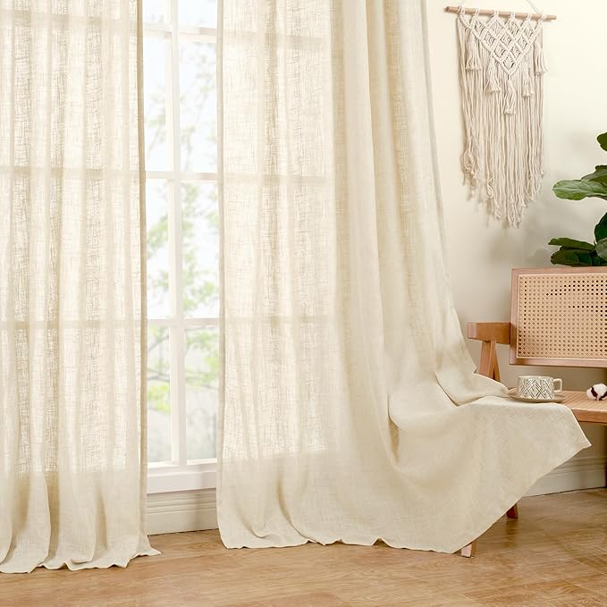 LAMIT Beige Linen Curtains for Living Room 80 inch Length, Light Filtering Semi Sheer Panels Back Tab and Rod Pocket Neutral Panels for Bedroom, 2 Panels, 34 x 80 Inch