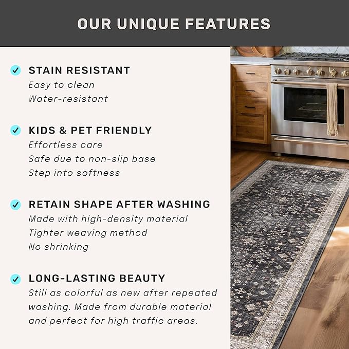 Black Boho Washable 3x20 Extra Long Runner Rug for Hallway, Waterproof Large Kitchen Floor Rug, Non-Slip Stain & Fade Resistant, Vintage Floral Decor