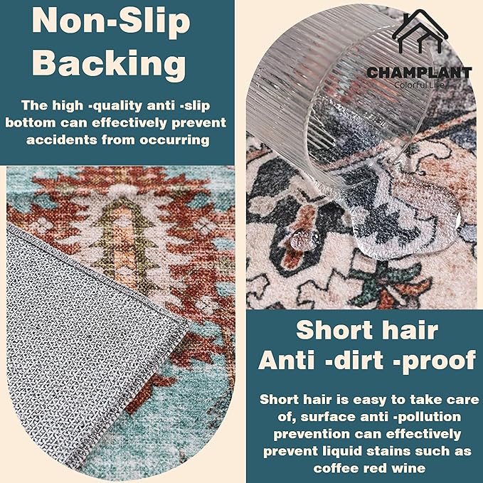 3'x5' Deep Khaki Vintage Washable Thin Area Rug Traditional Floor Cover Foldable Indoor Distressed Non Slip Carpet for Bedroom Living Room Bathroom