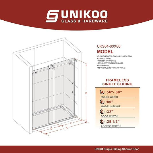 56-60 Inch x 80 Inch Sliding Frameless Shower Door, 3/8" Tempered Glass - Image 2