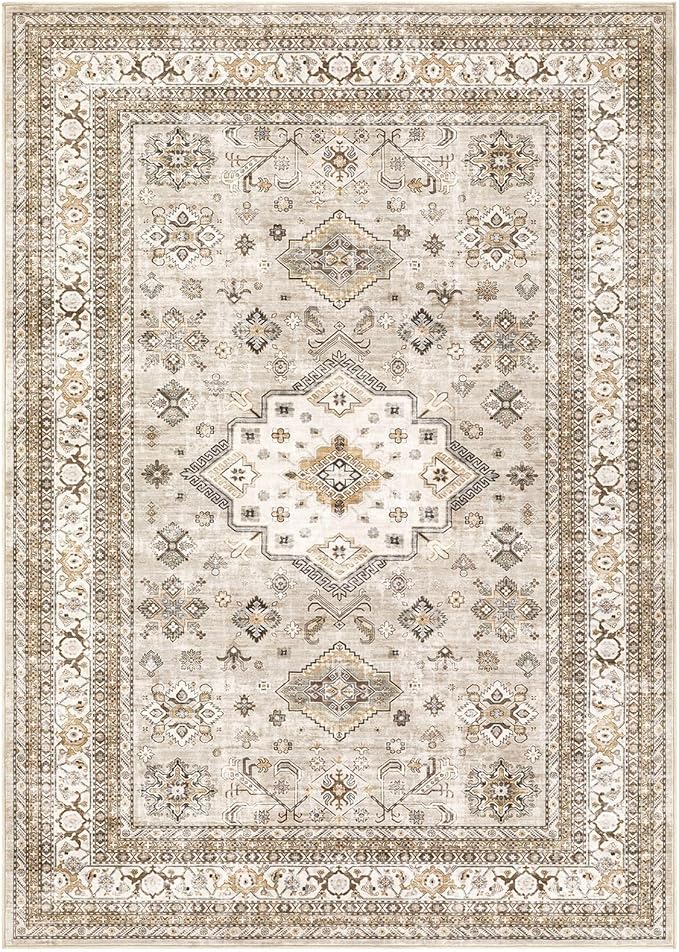 Vintage Living Room Area Rug 10x12 - Large Soft Washable Oriental Traditional Distressed Farmhouse Rugs for Bedroom - Indoor Floor Accent Carpet for Home Office House Decor - Beige