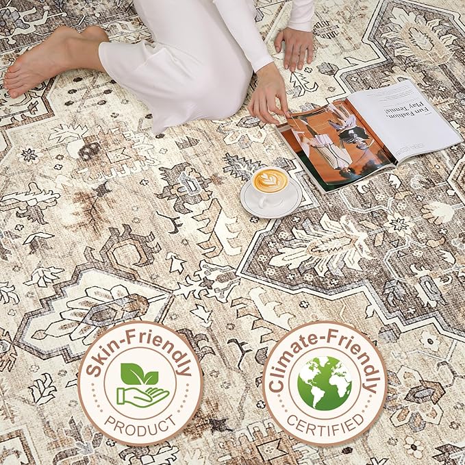 4x6 Area Rug Washable Rugs: Boho Large Neutral Vintage Soft Rugs Stain Resistant Farmhouse Non-Slip Indoor Floor Carpet for Bedroom Nursery Entryway Kids Playroom Office Dining Room Home Decor- Brown