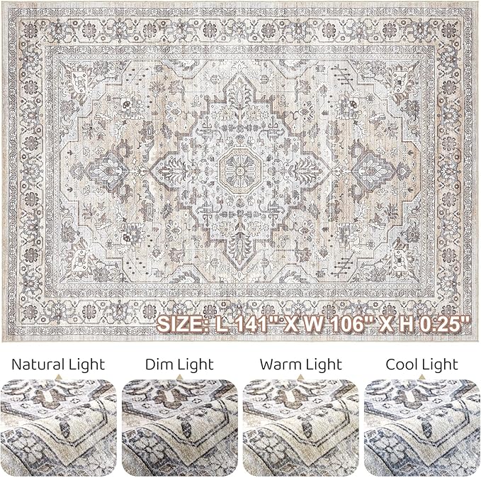 9x12 Area Rug Living Room: Washable Boho Large Neutral Vintage Soft Rugs Stain Resistant Farmhouse Non Slip Indoor Floor Carpet for Bedroom Nursery Kids Playroom Office Dining Room Home- Ivory Gray