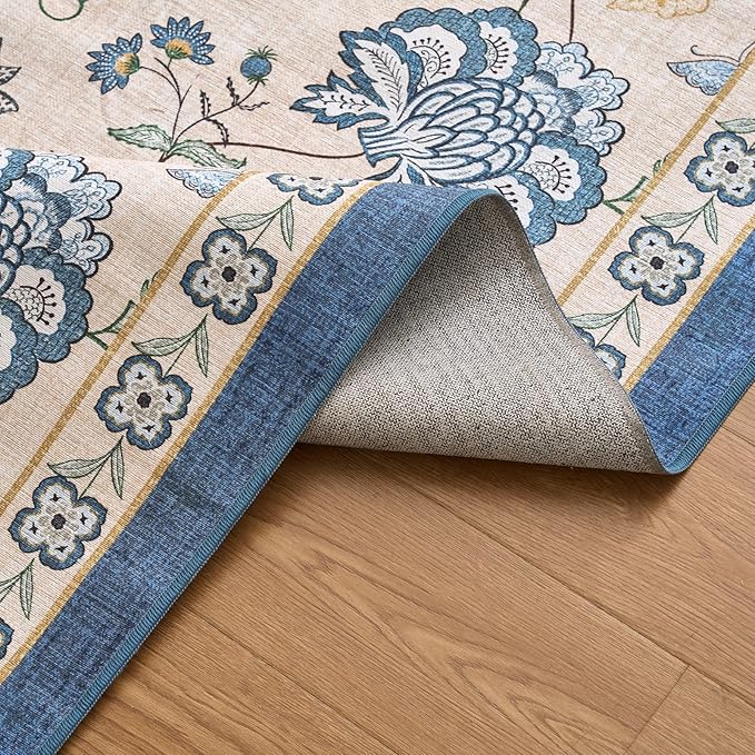 jinchan Elora Floral Corner Rug for Entryway Washable Rug Vintage Romance Design Non Slip Quarter Circle Lightweight Low-Pile Throw Carpet for Playroom Reading Nook Nursery, 4ft Radius, Blue/Beige