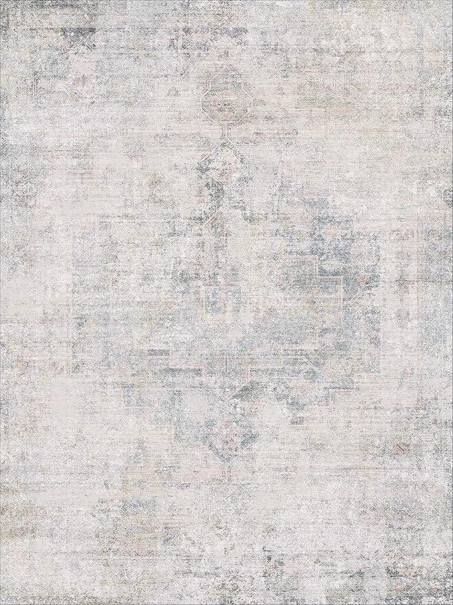 Washable Abstract Modern Area Rug 9x12 for Living Room, Bedroom, Dining Room, Home Office, Low Pile Non Slip Ultra Soft Stain Resistant, Distressed Medallion Decor, Light Blue