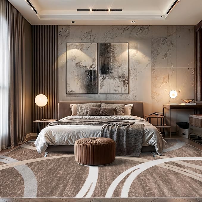 Rugshop Modern Wavy Circles Design Area Rug, Fade-Resistant Carpet for Living Room, Bedroom, or Dining Room, Grand Room,Open Spaces Brown, 8'8" x 12'