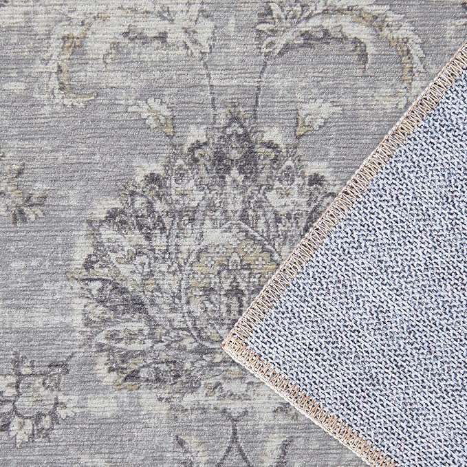 jinchan Fiora Hallway Runner Rug 3x8 Machine Washable Runner Rug Grey Vintage Floral Design Non-Slip Low Pile Ultra-Thin for Kitchen Laundry Room Bedroom Farmhouse (3‘x8', Grey)