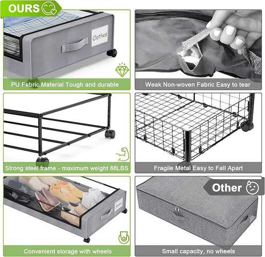 Under Bed Storage with Wheels, Underbed Storage Bins, XXL 60L Rolling Metal - Image 2