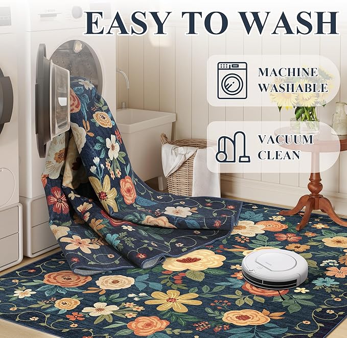 DUKINO Runner Rug, 2x10 Kitchen Hallway Carpet, Washable with Non-Slip Backing, Low Pile Soft Boho Floral for Entryway, Laundry, Bedroom, Dark Blue