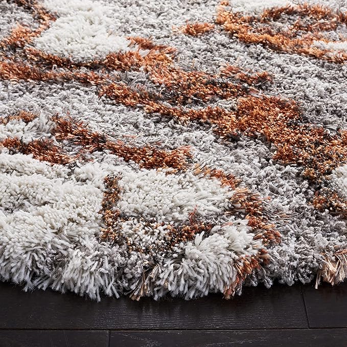 SAFAVIEH Horizon Shag Collection Area Rug - 9' Round, Grey/Rust, Geometric Design, Ideal for High Traffic Areas in Living Room, Bedroom, Dining (HZN890P)