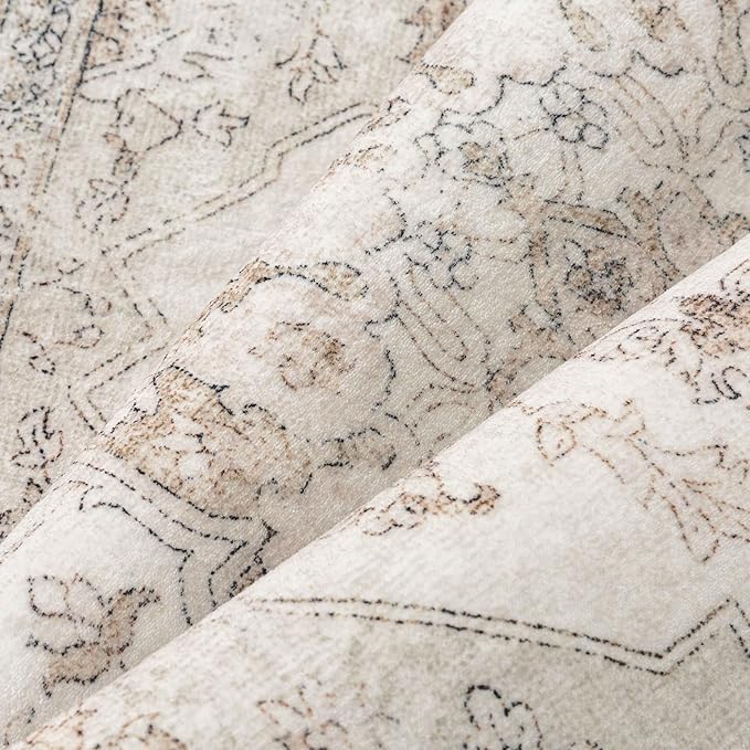 Beige Area Rug 4x5 Washable Vintage Carpet Entryway Office Soft Retro Kitchen Low Pile Thin Door Mat Non Slip Oriental Medallion Throw Small Rug for Bathroom Bedroom Dining Living Room