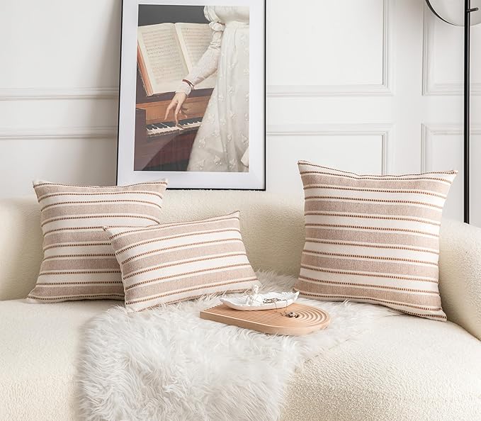 Decorative Boho Lumbar Throw Pillow Covers, Farmhouse Textured Pillow Case, 12 x 20 Inch Set of 2, Chair Sofa Bedroom Living Room Home Decor Couch Cushion Case, Brown and Beige